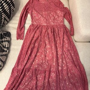 Adrianna Papell Long Sleeve Lace Dress in Deep Pink